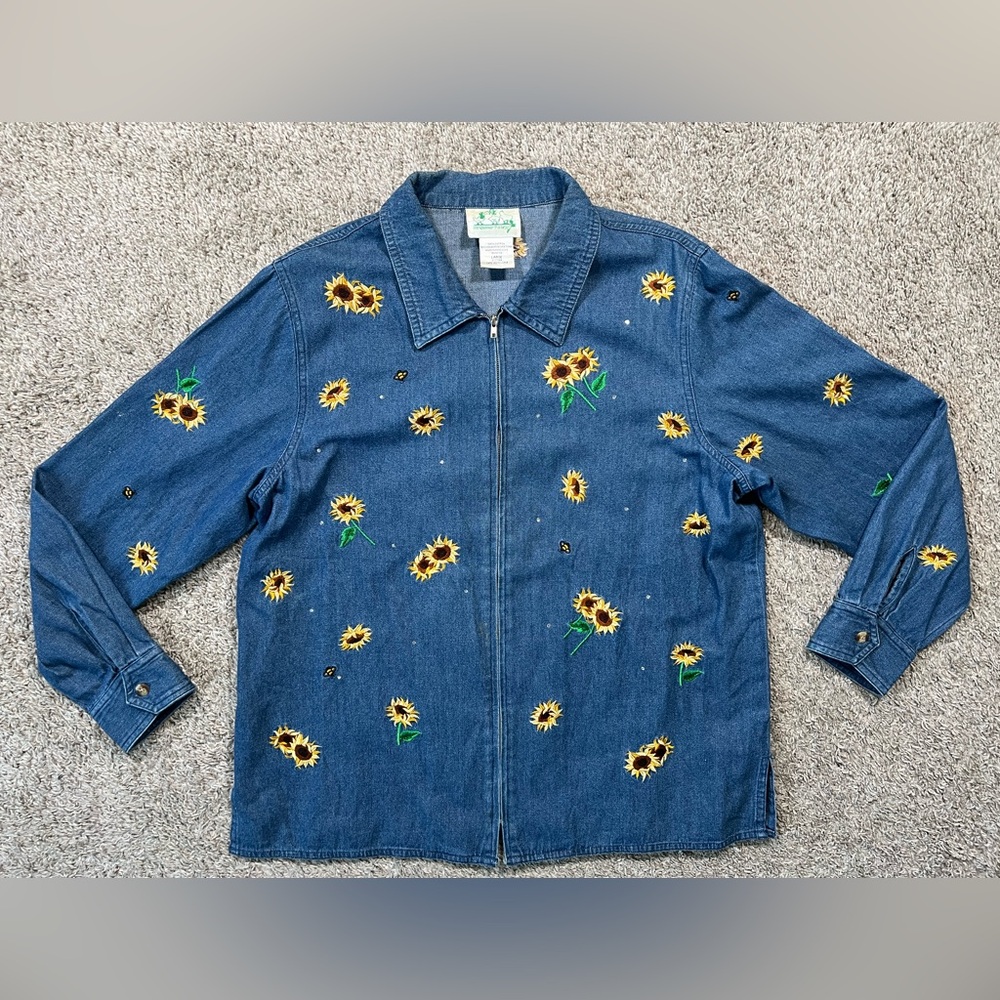 The Quacker Factory Denim Embroidered Sunflowers Vintage Jacket